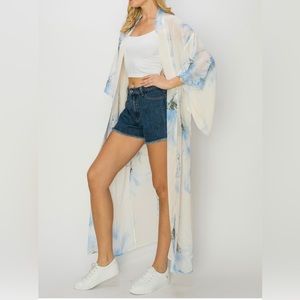 Blue  Floral Multicolor Chiffon Sheer Kimono Cardigan